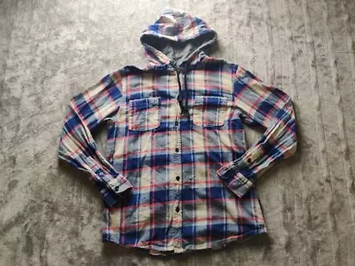 Quiksilver Button Up Jacket Adult Mens Large Blue Plaid Torso Pocket Hoodie • $5.99