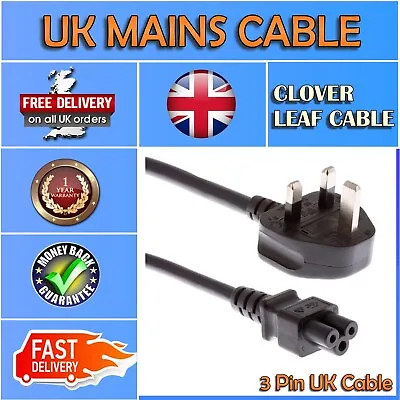 3Pins Mains Cable UK Laptop Adapters Chargers Power Lead C5 Cloverleaf Cable • £5.99