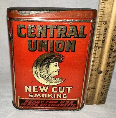 Antique Central Union Smoking Tobacco Tin Litho Vertical Pocket Can Cigarette + • $57