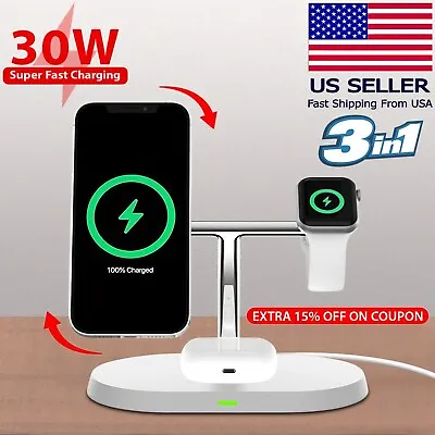 Wireless Charging Station Charger Dock 3in1 Stand For Apple Watch IPhone Magsafe • $23.40