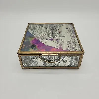 Vintage Glass & Brass Square Mirrored Jewelry Trinket Box With Felt Bottom • $12.95