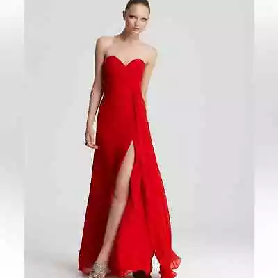 Faviana Red Chiffon Sweetheart Neckline Leg Slit Gown • $125