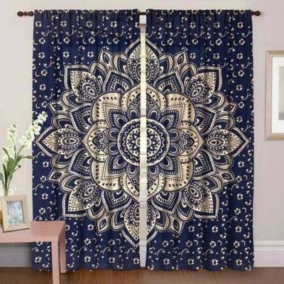 £26.21 • Buy Blue & Gold Mandala Curtains Cotton Hippie Tapestry Decor Window Curtains Set