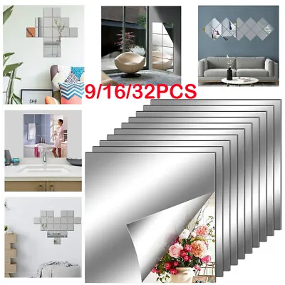 £5.79 • Buy 32X Glass Mirror Tiles Wall Sticker Square Self Adhesive Home Decor Stick On Art