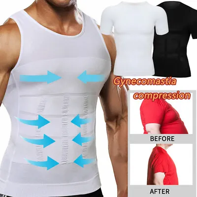 Men' Compression Vest T-Shirt Moobs Slimming Tummy Control Body Shaper Tank Tops • £12.79