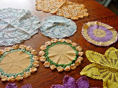 Vtg.Linen Doily's(9Pc)Lot Hand Crochet Assorted Colors &Sizes 1940-50'sExCond! • $5
