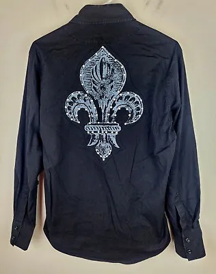 7 Diamonds Shirt Mens M Black Button Slim Fit Studded Textured Biker Rock Y2K • $20.99