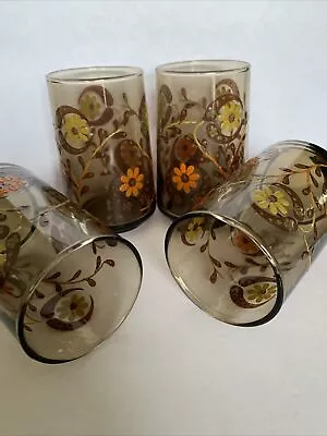 Set Of 4 Vintage Amber Juice Glasses Yellow And Orange Daisies 3.75” Tall HTF • $27.62