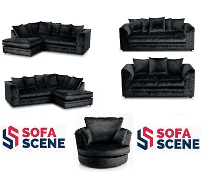 Corner Crushed Velvet Sofa Black Glitz Footstool Swivel Armchair 3 2 Seater  • £369