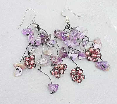 Amethyst  Gemstone & Glass Beads Flowing Multi Strand Chandelier Earrings • £7.95