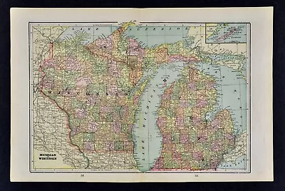 1891 Cram Map - Michigan Wisconsin Lansing Detroit Madison Milwaukee Isle Royal • $19.99