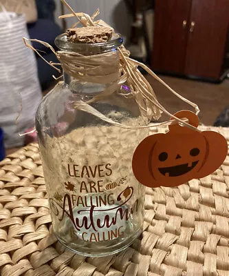 Leaves Are Falling Autumn Is Calling Glass Bottle Jar Cork Stopper 5  Tall  (26) • $8