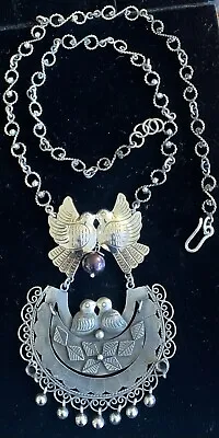 Mexican Sterling Silver Belen Love Bird Peacock Pearl Large Pendant Necklace • $198