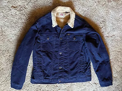 Wrangler Sherpa Lined Corduroy Dk Blue Button Front Trucker Jacket Mens LARGE • $25