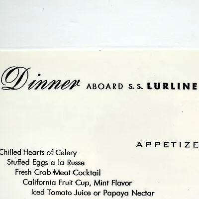 1955 SS Lurline Cruise Ship Dinner Menu Matson Lines USNR Commodore Gillespie • $15.50
