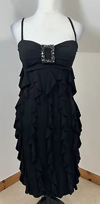 Star Bodycon Dress Size 10 Strappy Sleeve Black Ruffled Beaded Rhinestone Broach • £14.02