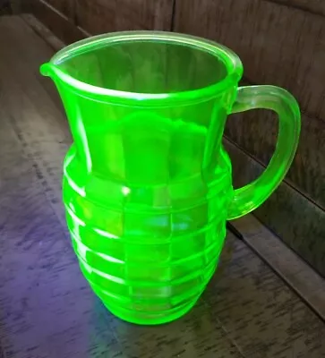 Vintage Green Uranium Glass Block Optic Anchor Hocking Bulbous Pitcher 54oz • $62.99