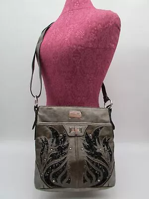 Miss Me Gunmetal Vegan Leather Sequin Flame Accent Crossbody Handbag Purse • $19.99