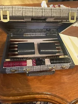 Vintage Aries Of Beverly Hills Travel Gray Plaid Case Backgammon Game Complete • $44.95