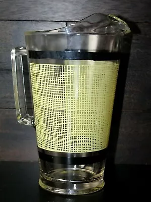 Vintage Diner Glass Water Drink Pitcher MCM Yellow Burlap Black Design Ice Lip  • $21.05