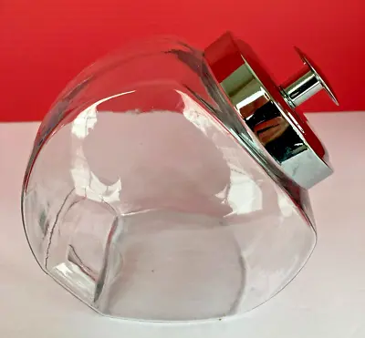 VINTAGE Clear Glass General Store Tilted Candy Jar W/ Chrome Metal Lid EX • $12.95