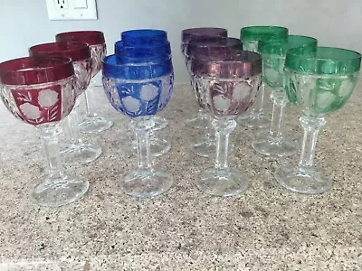 Vintage - Set Of 12 Multi-Color Cut-Crystal / Flowers Wine Glasses • $160