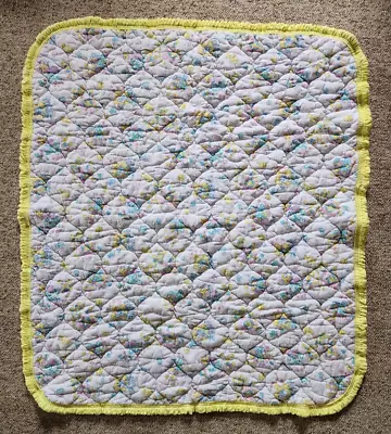 Vintage Quilted Baby Crib Blanket 1970's Yellow Pink Blue Bunnies Owls 35  X42  • $29.99