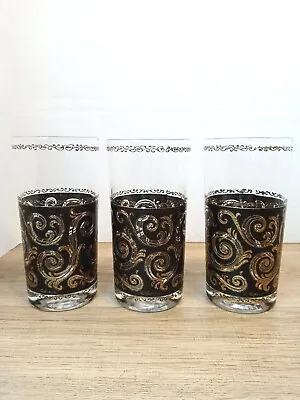 MCM CULVER Ebony 22k Gold Baroque Scroll Tall Highball Barware Glasses Set Of 3 • $33.99