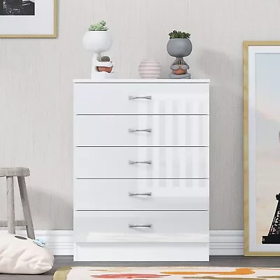 High Gloss White Chest Of Drawers 5 Drawer Bedroom Furniture Storage Cabinet • £58.99