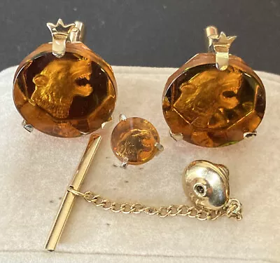 Vtg Swank Cufflinks & Tie Pin Bear Head In Faux Amber Stone Bear Head 3 Pc. Set • $99.95