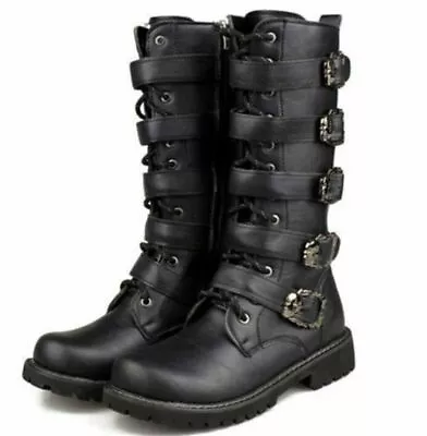 Mens Rock Punk Leather Boots Goth Ankle Mid-Calf Lace-up Biker Buckle Shoes • $70.69