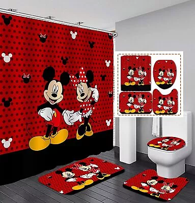 Mickey Minnie Mouse Bathroom Shower Curtain Non-Slip Bath Mat Toilet Lid Cover • £37.14