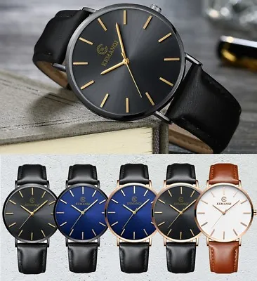 Luxury New Ultra Thin Slim Leather Fashion Men Quartz Wrist Watch - Gift Present • £5.99