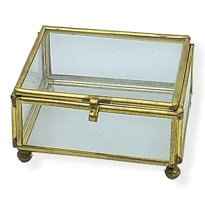 Vtg Rectangular Brass & Glass Case Footed Jewelry Display Trinket Box 3  X 2.5  • $23.99