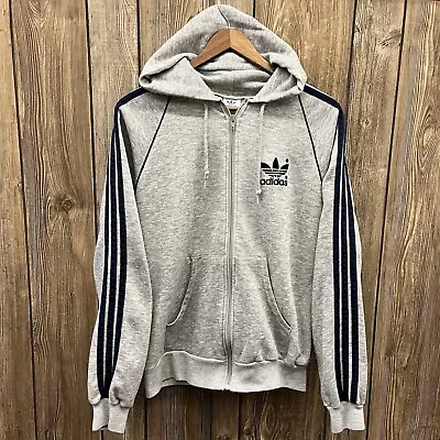 Vintage 70s Adidas Trefoil Full Zip Hoodie Sweatshirt 3 Stripe Grey Size Large • $45