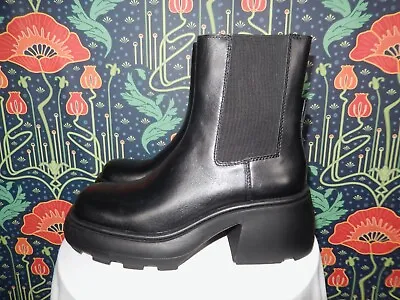 Zara Black Leather Chunky Heel Elastic Gore Platform Square Toe Boots 39 • $59.99