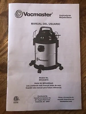 $5 • Buy Vacmaster Operators Manual Booklet Wet/dry  4 Gallon Model MVOA407S