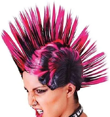 Unisex Punk Rock Mohican Mohawk Wig Pink And Black Spikes. Fancy Dress Accessory • $8.22