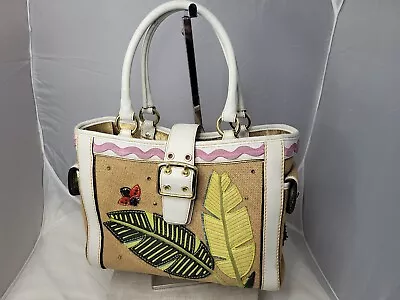 Coach Limited Edition Leafy Lady Bug Straw Purse Leather Appliqué Boxy Tote Bag • $59.99