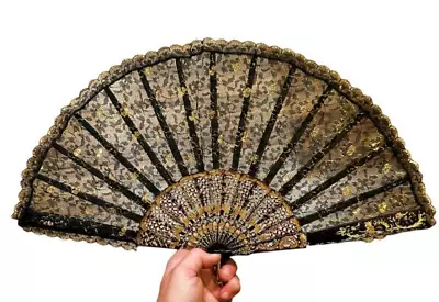 Spanish Black Gold Lace Plastic Handheld Folding Fan Hand-painted Vintage 1970s • $12.88