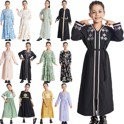 Muslim Kids Girls Maxi Dress Abaya Kaftan Islam Caftan Robe Party Gown Children • £11.92