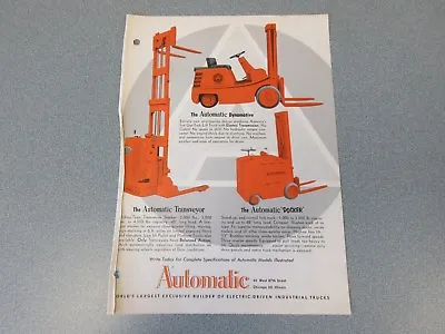 Old Automatic Forklift Sales Sheet Lots Of Models & Pictures • $40