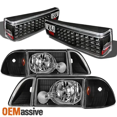 Fit 1987-1993 Ford Mustang Black Headlights W/ Corner & Signal + LED Tail Lights • $239.88