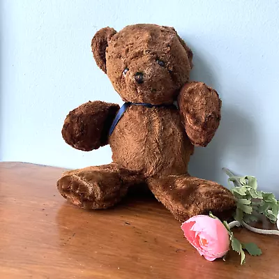 Antique Teddy Bear Brown Button Eyes Ribbon Well Loved Sweet Vintage Christmas • $45