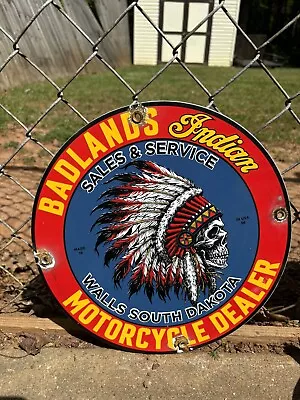Vintage Porcelain Badlands Indian Motorcycle Dealer Gas And Oil Sign • $15