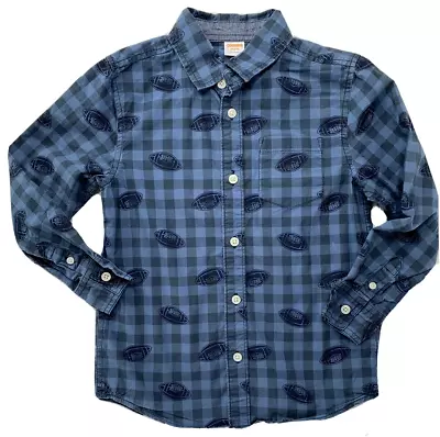 Gymboree Boys 5-6  Blue Football Print LS Plaid Button-up Shirt Good Sport • $7.49