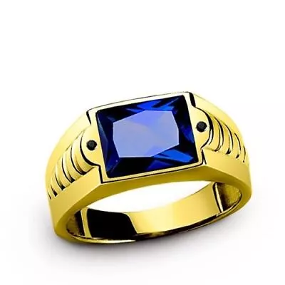 Men's Sapphire Ring In 10K SOLID Fine Yellow GOLD With 2 Onyx Gemstone Accents • £417.02