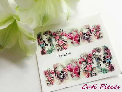 £1.65 • Buy Nail Art Pink Rose Skulls Full Cover Polish Water Transfer Decal Sticker Tip 039