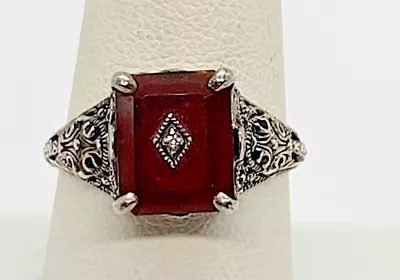 VTG CNA Post Modern Era Art Deco Style Carnelian Diamond Filigree Ring Sz 8.75 • $48