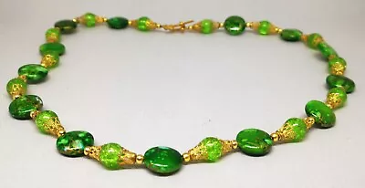 Vintage Venetian Style Green & Gold Crackle Glass Marbled Beads Necklace • £8